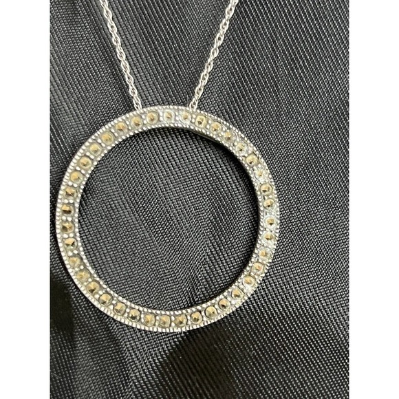 Vintage Delicate Sterling Silver & Marcasite Open Circle Pendant 1 1/4" Wide - Picture 15 of 16